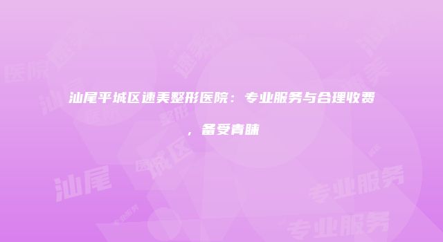 汕尾平城区速美整形医院：专业服务与合理收费，备受青睐