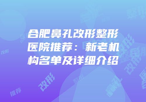 合肥鼻孔改形整形医院推荐：新老机构名单及详细介绍